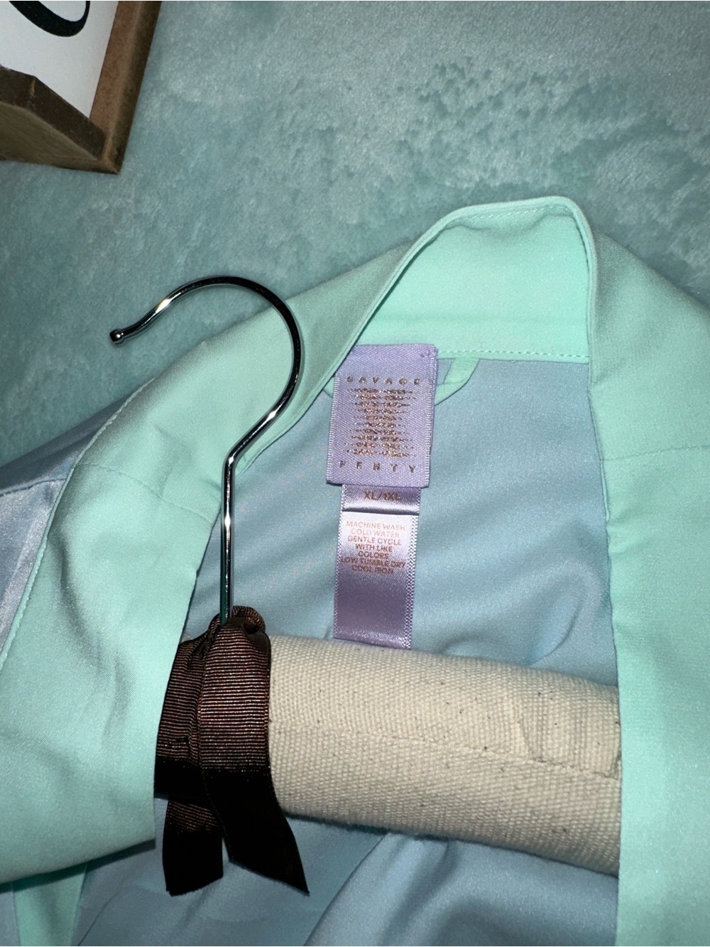 Savage X Fenty Light Blue Robe with Mint Trim Women's Satin-Trim Long Robe/Bra - Picture 2 of 5